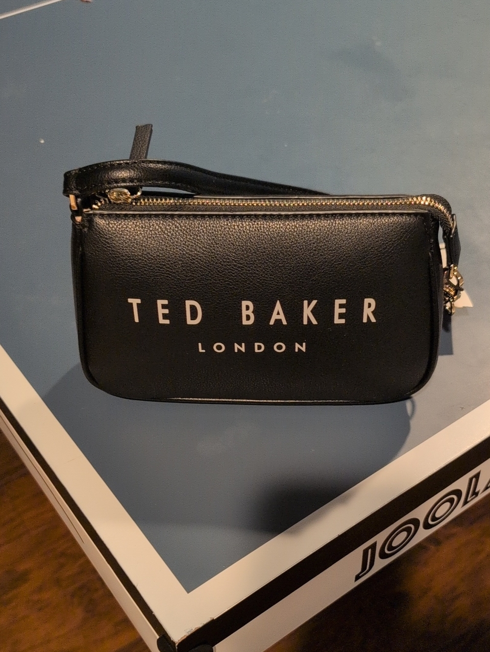 Ted Baker Black Leather Logo Wristlet with Gold Zip